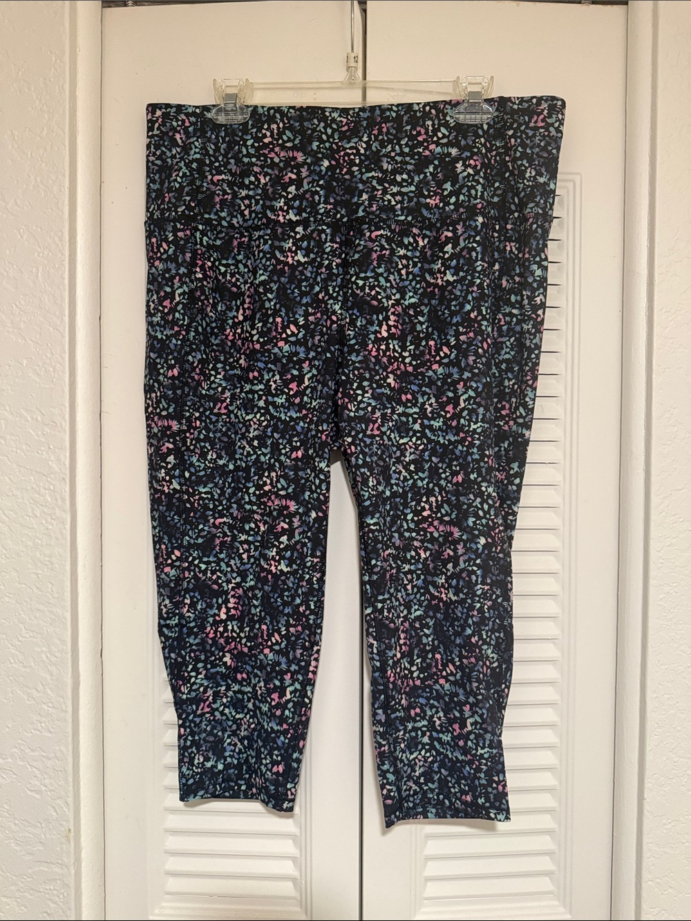 MTA Sport Black Capri Leggings with Pink & Blue Confetti Print